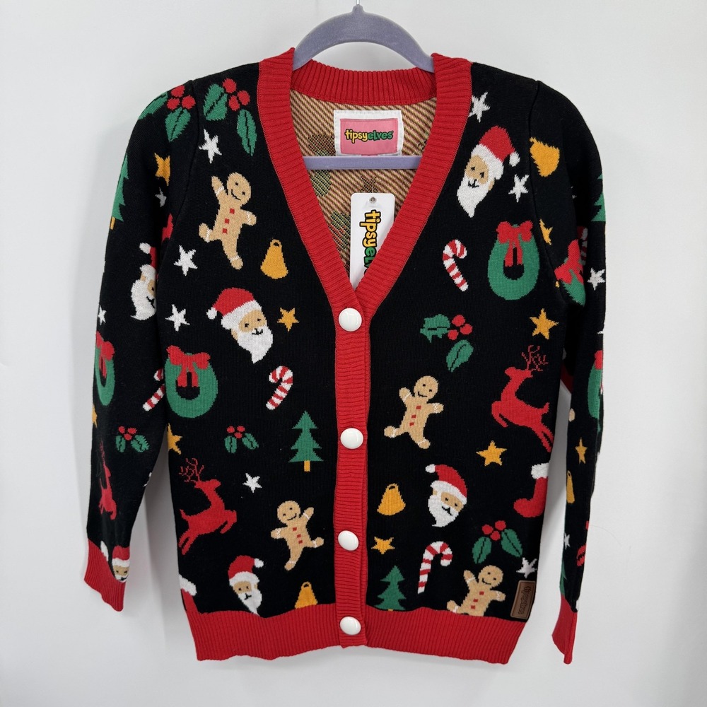 Tipsy Elves Sweater Womens S Black Christmas Cardigan Ugly‎ Santa Reindeer Party